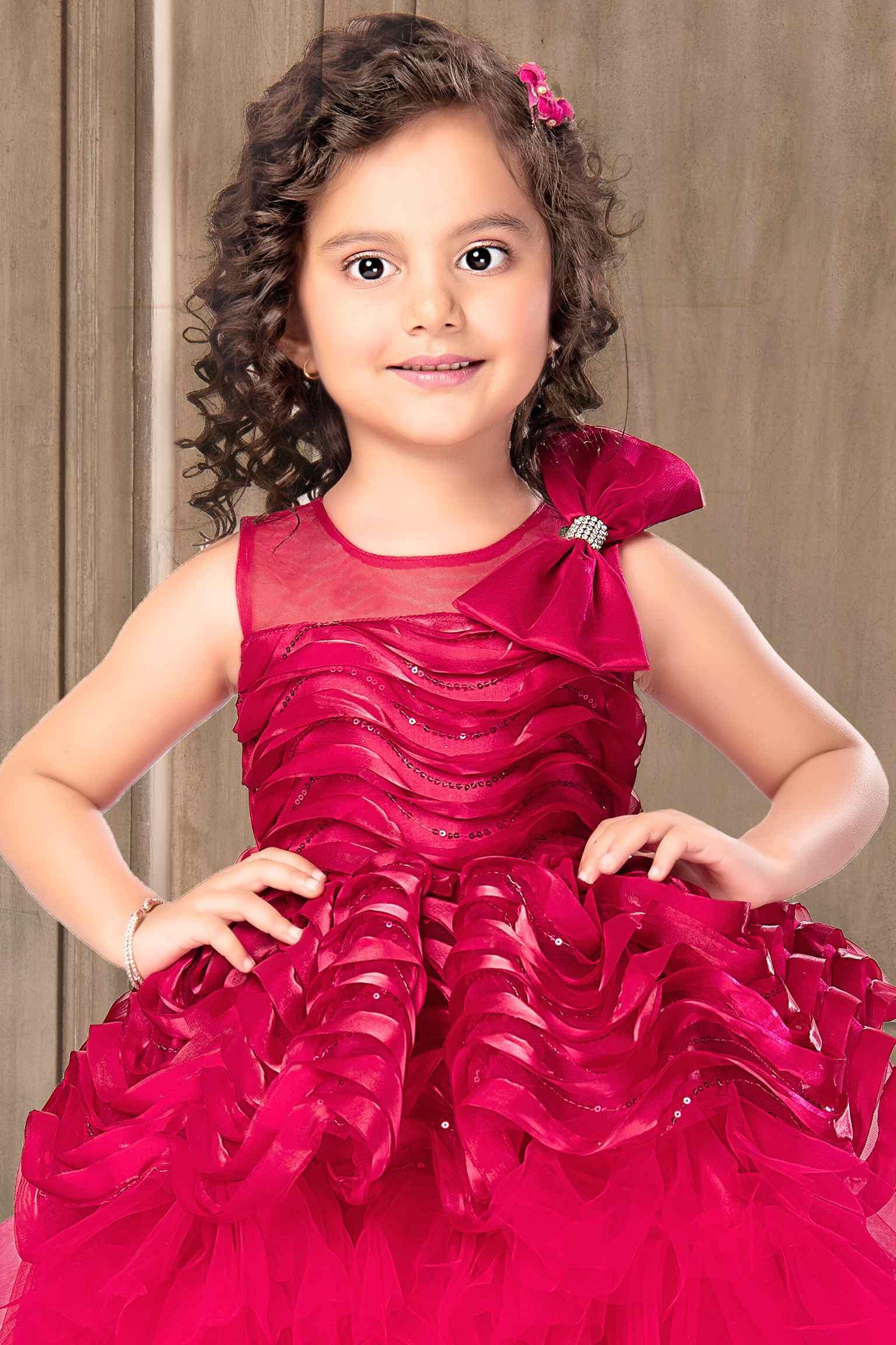 Rani Pink Shimmer Tailback Party Wear Frock With Ruffle Layers For Girls - Lagorii Kids