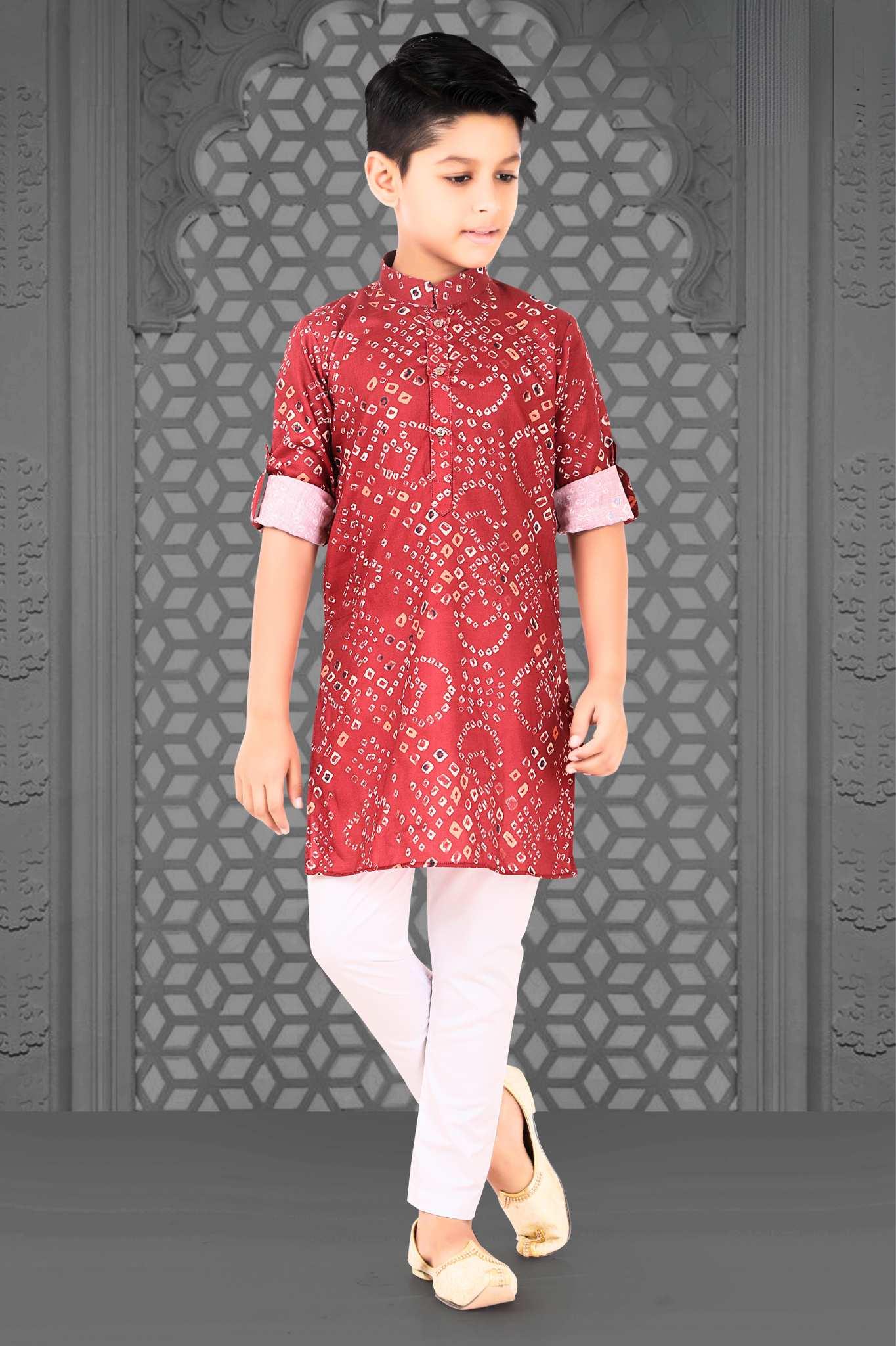 Red Bandhani Printed Cotton Kurta Set for Boys - Lagorii Kids