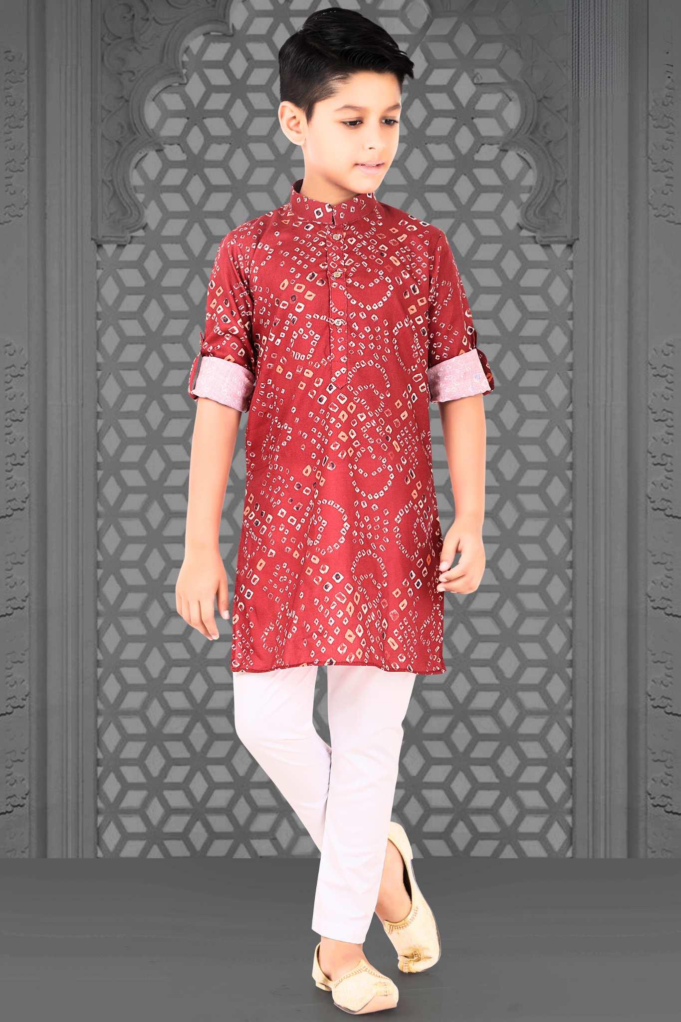 Red Bandhani Printed Cotton Kurta Set for Boys - Lagorii Kids