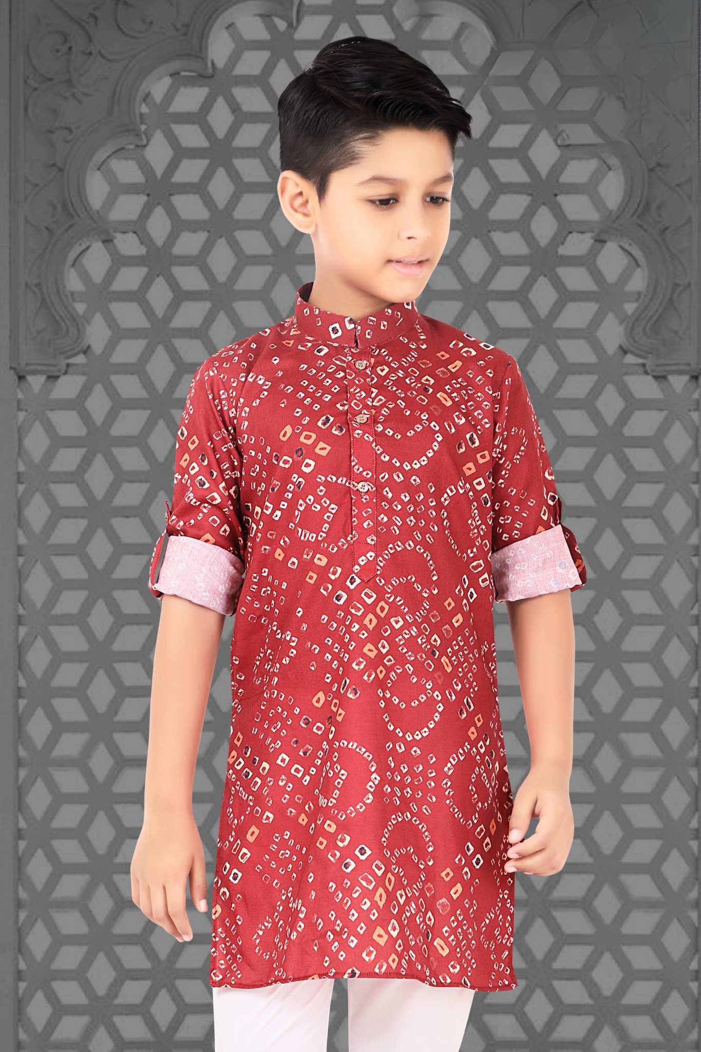 Red Bandhani Printed Cotton Kurta Set for Boys - Lagorii Kids