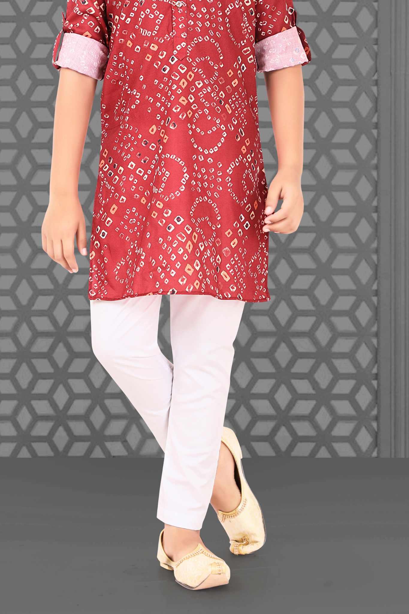 Red Bandhani Printed Cotton Kurta Set for Boys - Lagorii Kids