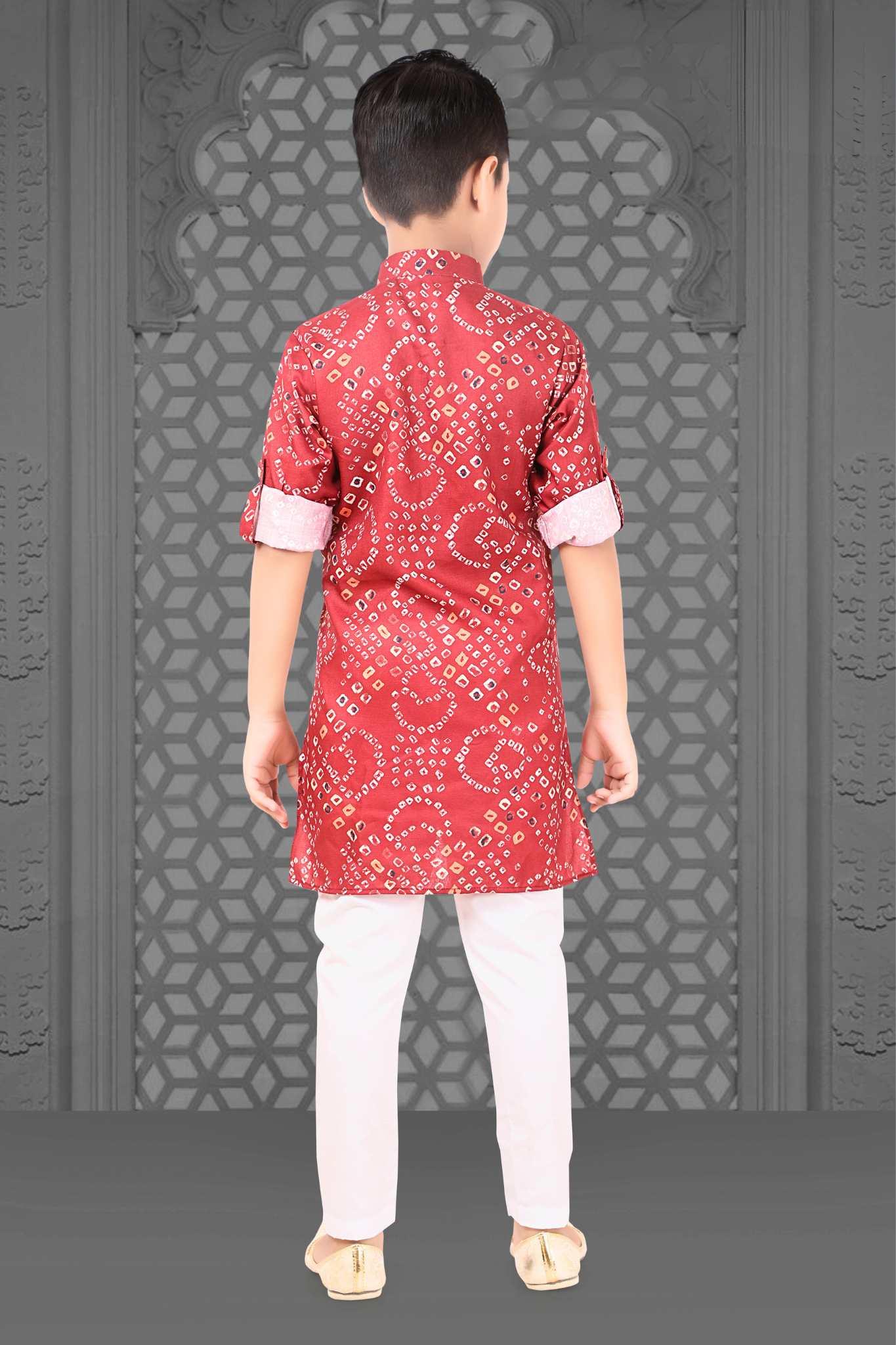 Red Bandhani Printed Cotton Kurta Set for Boys - Lagorii Kids