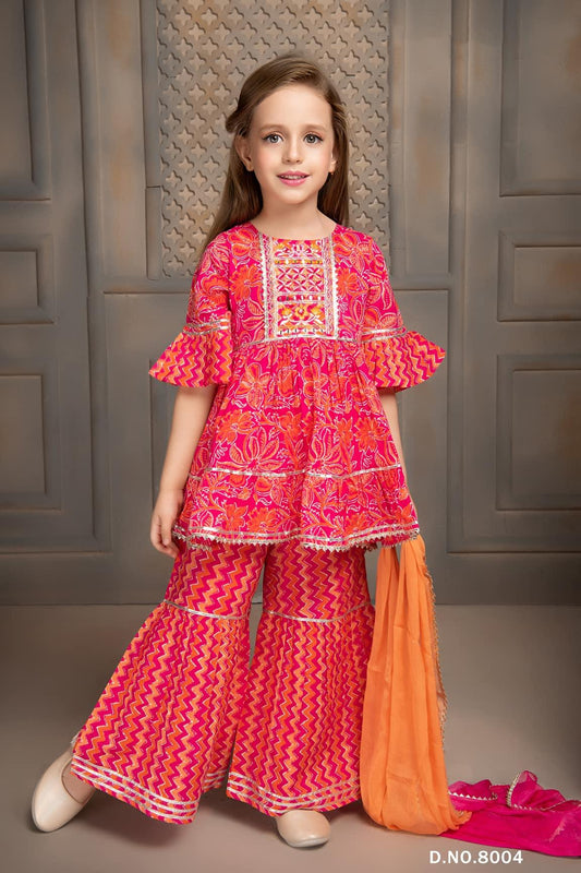 Red Floral Jaipuri Printed Sharara Set With Dupatta For Girls - Lagorii Kids