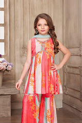 Red Floral Printed Sharara Set With Aliya Cut For Girls - Lagorii Kids