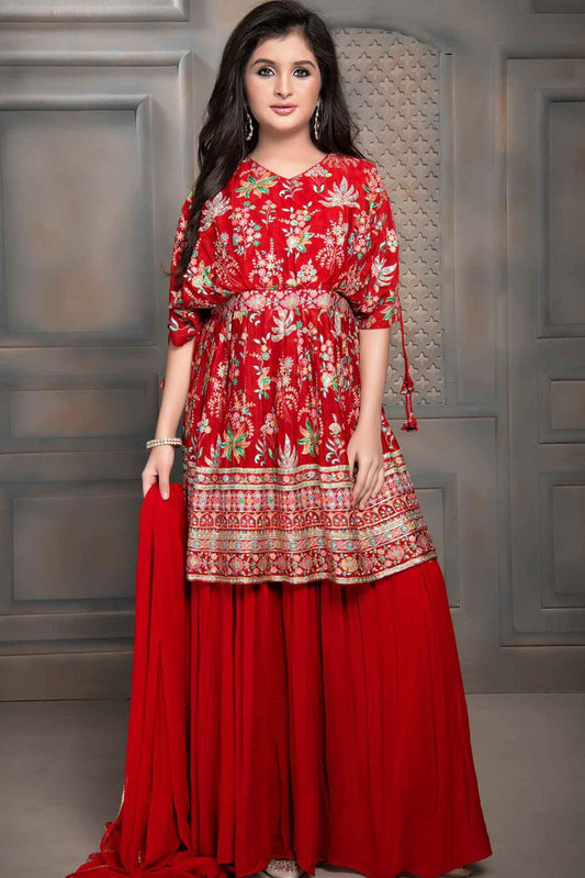 Red Floral Printed Sharara Set With For Girls - Lagorii Kids