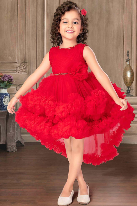 Red Net Multilayer With Ruffle Frock For Girls - Lagorii Kids