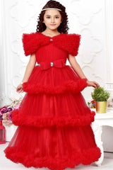 Red Net Ruffled Multilayered Party Gown With Bow Embellishment For Girls - Lagorii Kids
