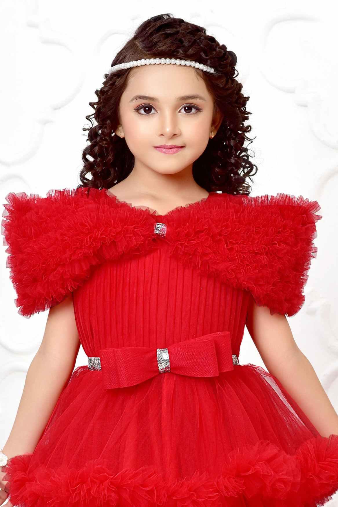 Red Net Ruffled Multilayered Party Gown With Bow Embellishment For Girls - Lagorii Kids