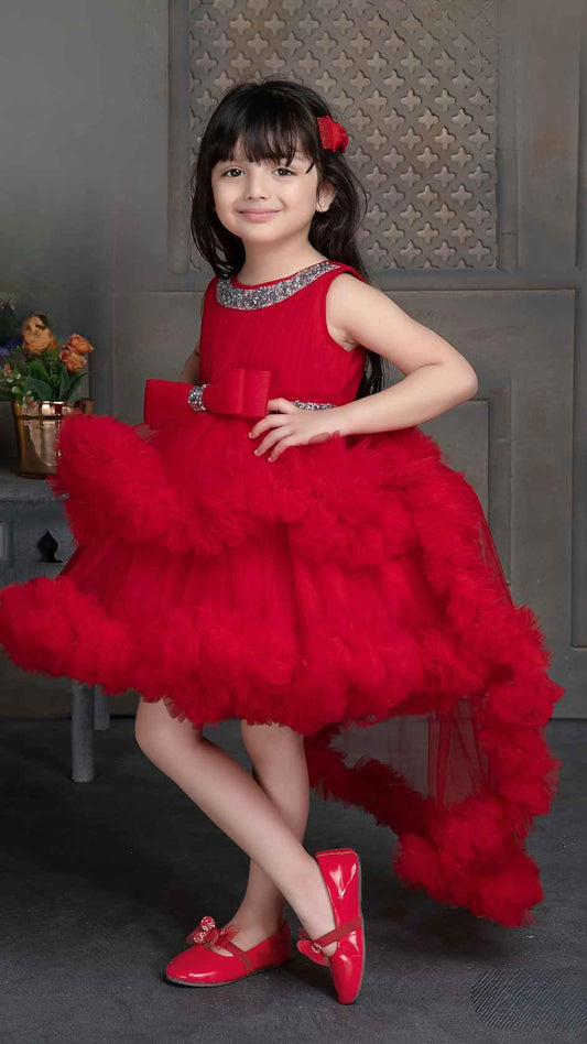 Red Net Tailback Frock With Bow Embellishment For Girls - Lagorii Kids