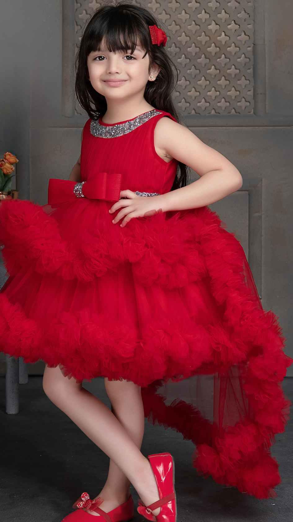 Red Net Tailback Frock With Bow Embellishment For Girls - Lagorii Kids