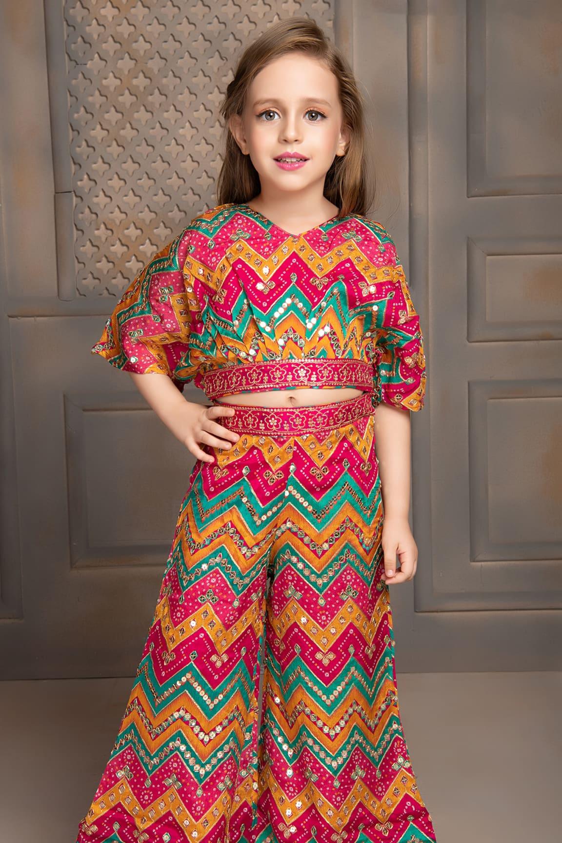 Red Palazzo Set With Mirrorwork And Zigzag Pattern For Girls - Lagorii Kids