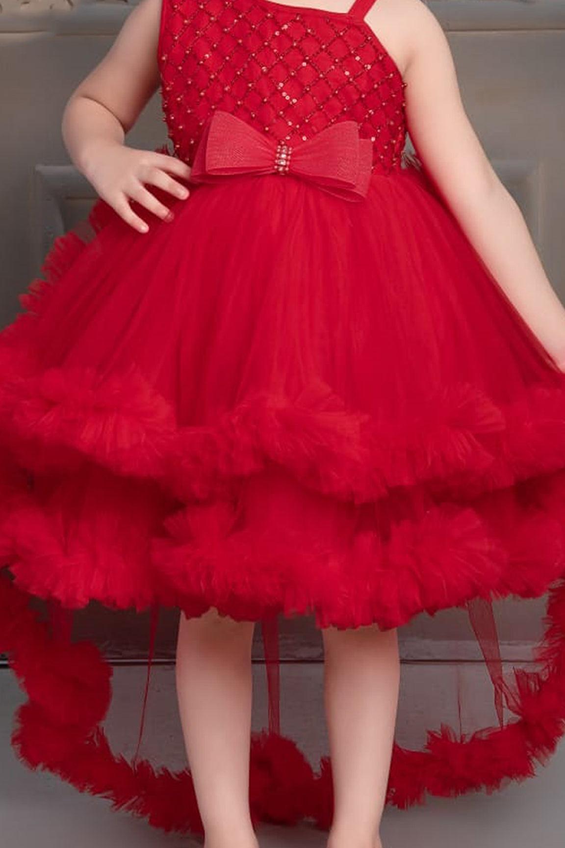 Red Tailback Frock With Bow For Girls - Lagorii Kids