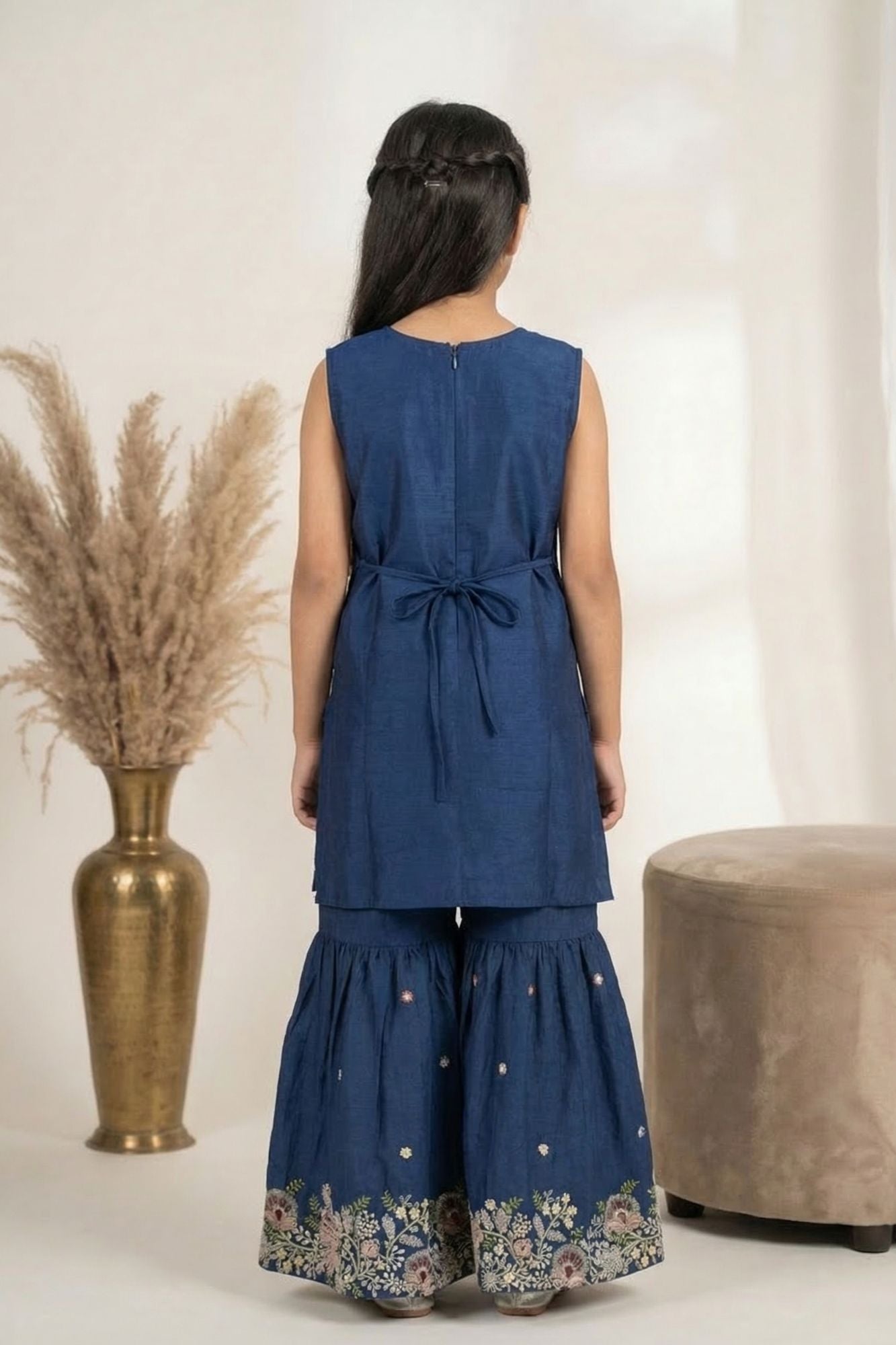 Navy Blue Embroidered Sharara Set With Dupatta For Girls