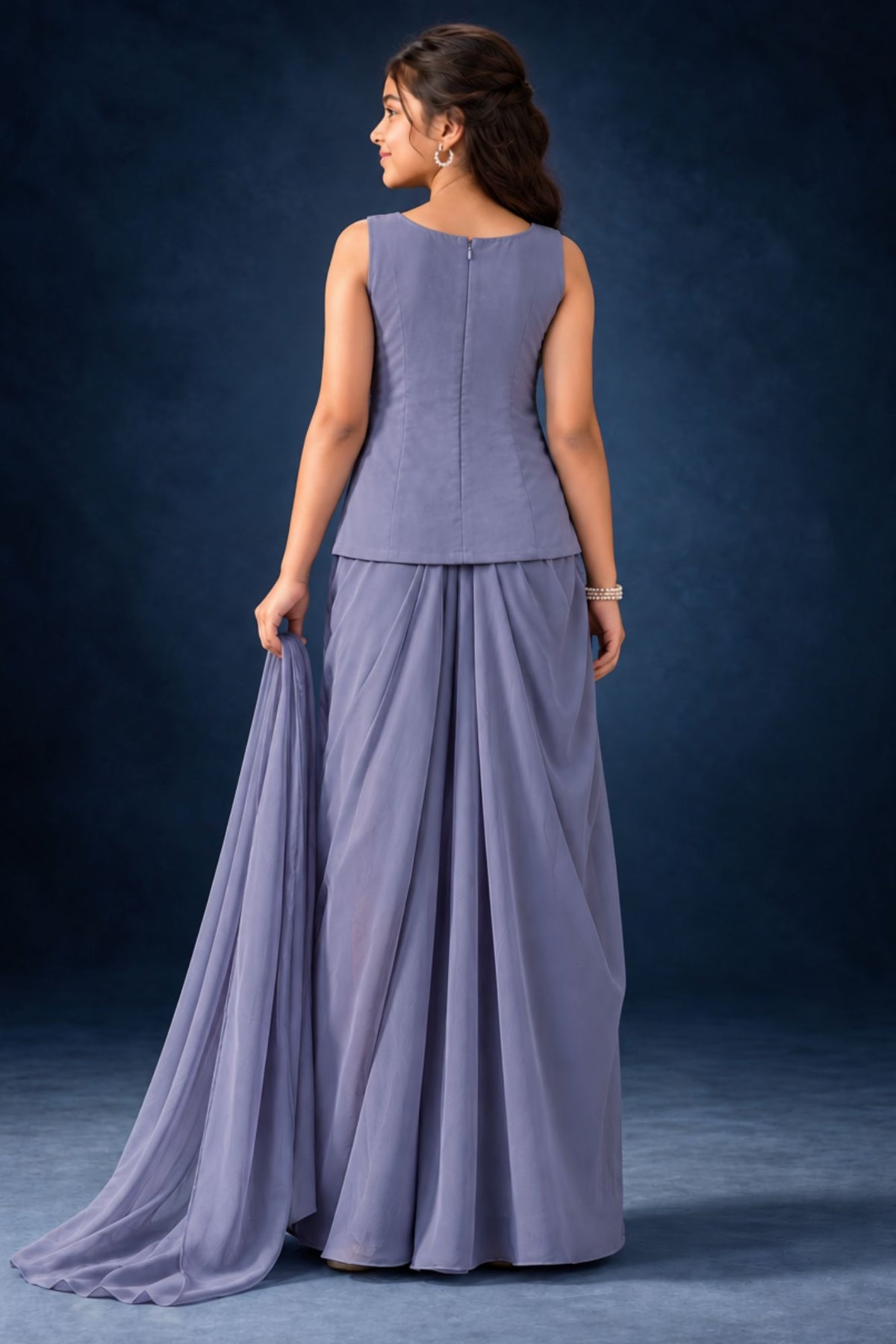Lavender Embroidered Draped Dhoti Skirt Set For Girls
