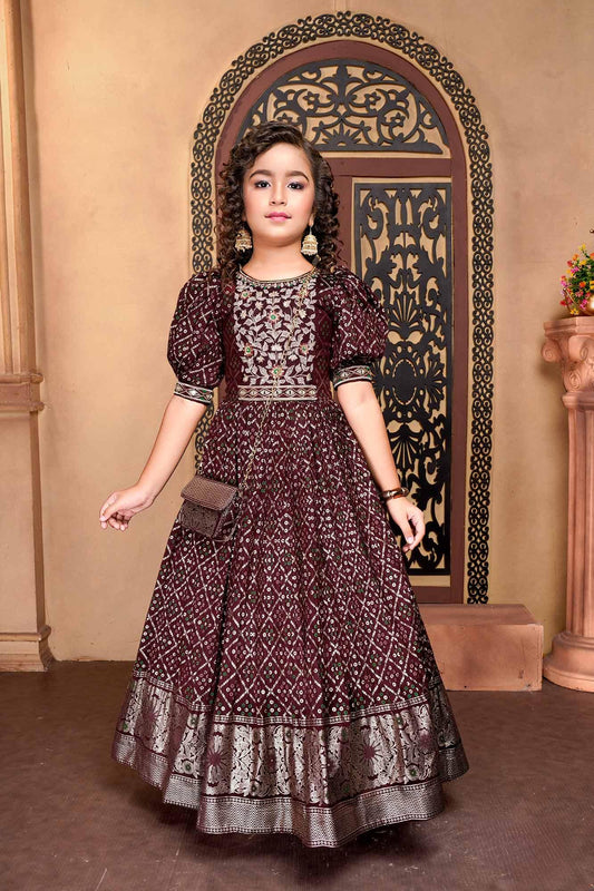 Rich Coffee Bandhani Ethnic Gown for Girls - Lagorii Kids