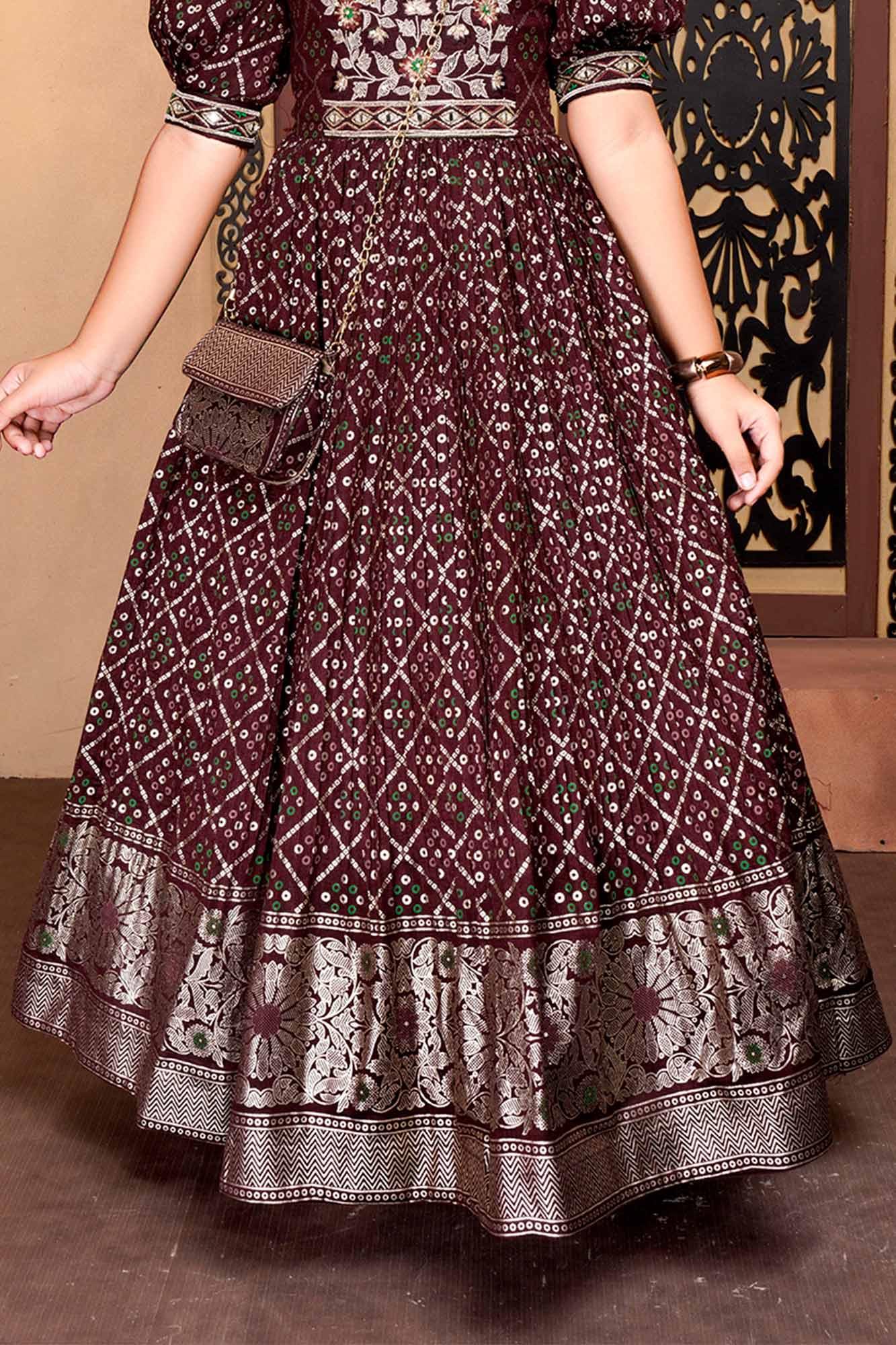 Rich Coffee Bandhani Ethnic Gown for Girls - Lagorii Kids