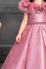 Rose Floral Embellished Pink Satin Gown For Girls - Lagorii Kids