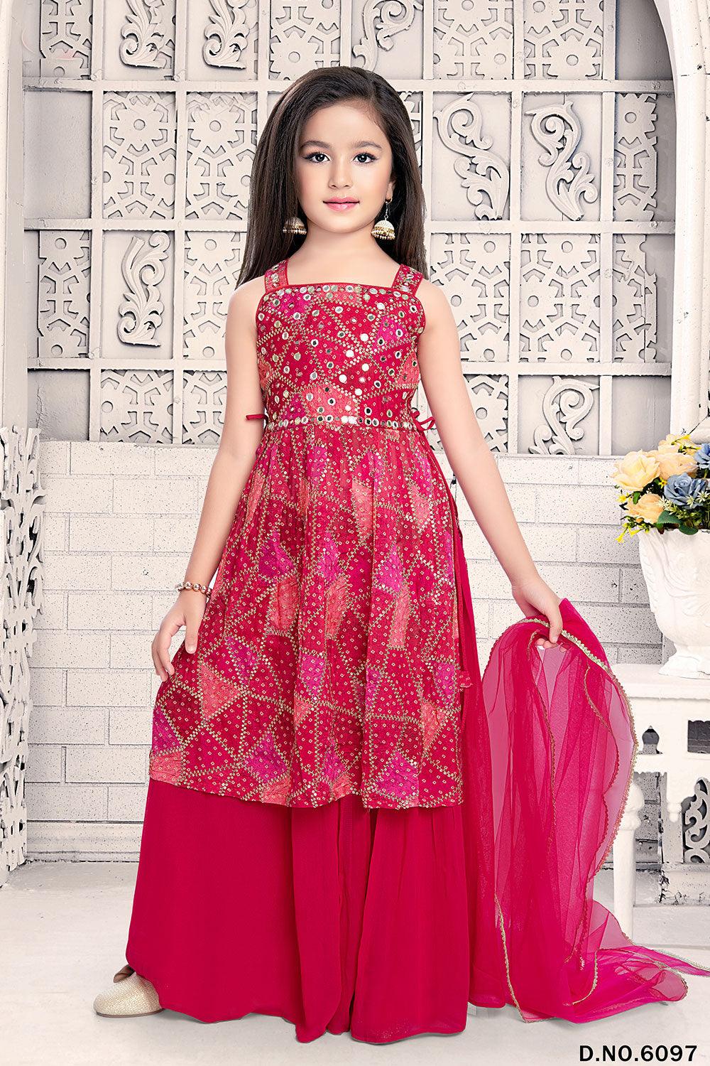Royal Blossoms: Rani Pink Printed Kurti and Palazzo Set for Kids. - Lagorii Kids