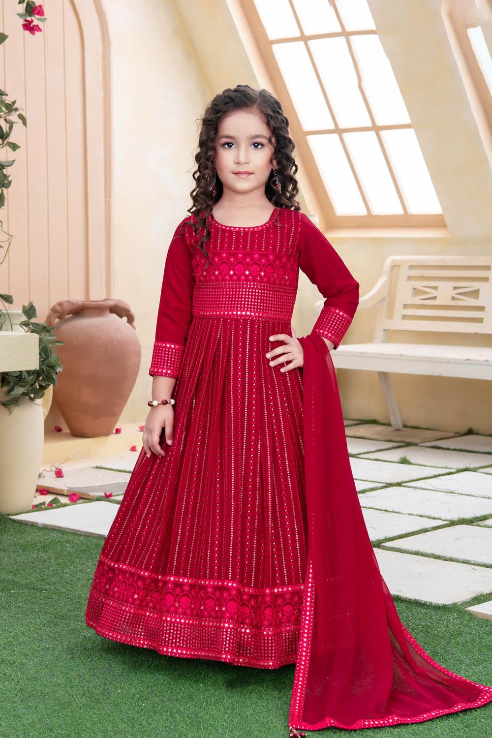 Royal red mirror work anarkali set. Girls red sequins and embroidered anarkali. Girls ethnic wear.