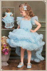 Ruffle Blue Multi-Layered Party Wear Frock With Flower Embellishment For Girls - Lagorii Kids