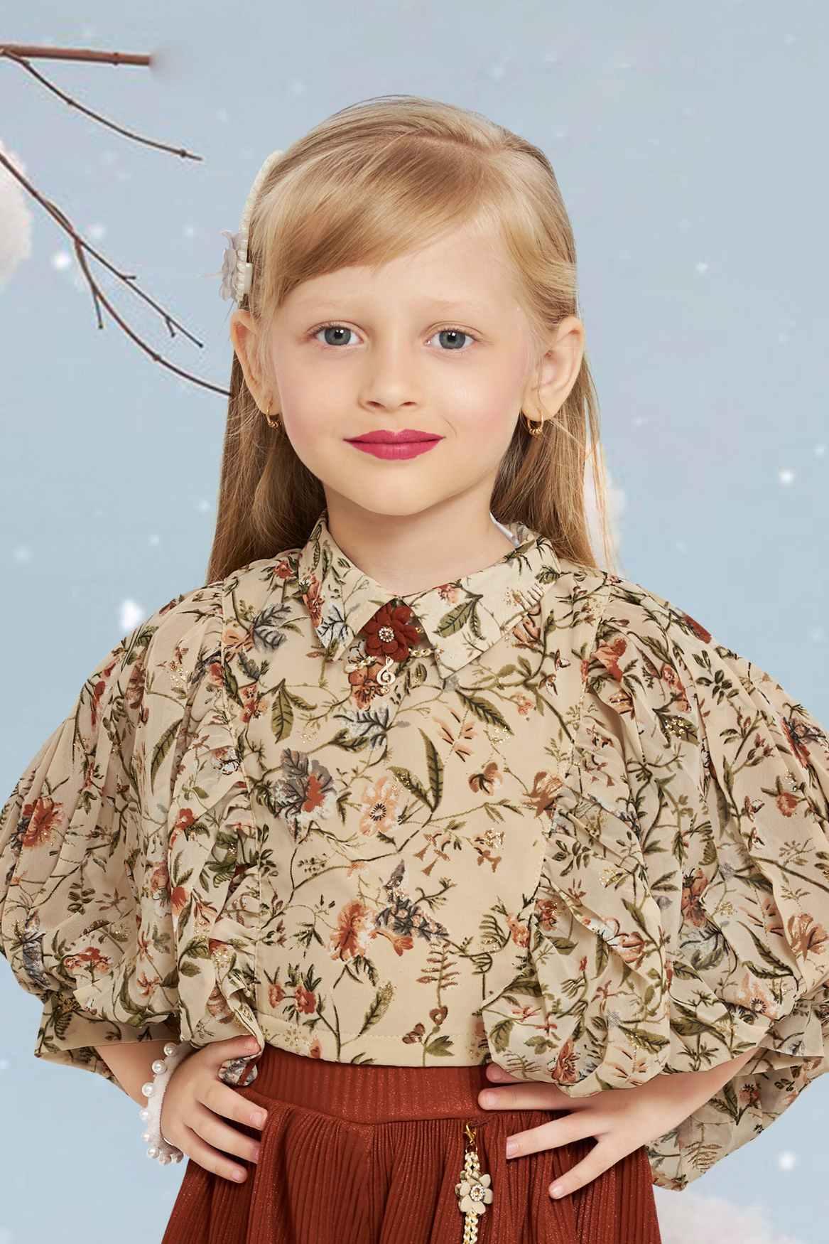 Rust Brown Pleated Skirt & Beige Floral Printed Top Set For Girls - Lagorii Kids