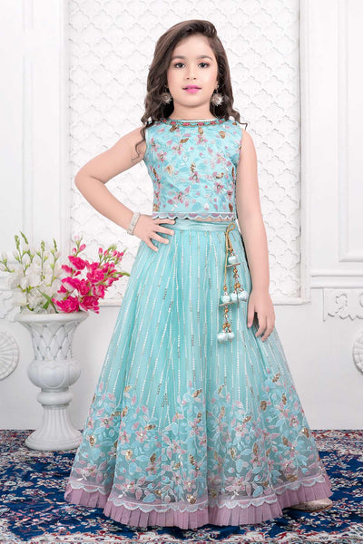 SKY BLUE TULLE LEHENGA SET WITH SELF EMBROIDERY AND MATCHING FRILL DUPATTA  - Seasons India
