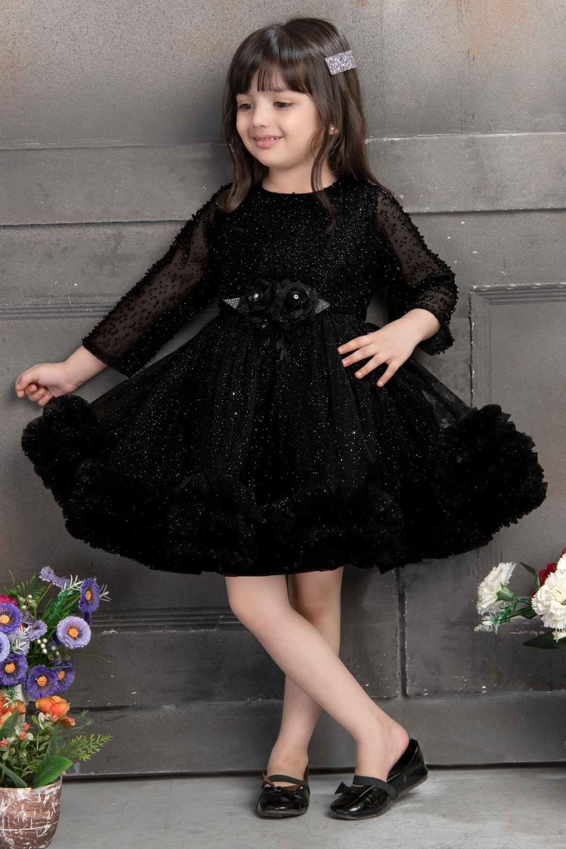 Sequin Black Net Ruffled Partywear Frock With Floral Embellishment For Girls - Lagorii Kids