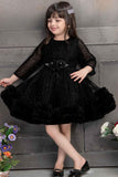 Sequin Black Net Ruffled Partywear Frock With Floral Embellishment For Girls - Lagorii Kids