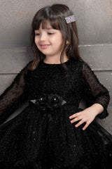 Sequin Black Net Ruffled Partywear Frock With Floral Embellishment For Girls - Lagorii Kids