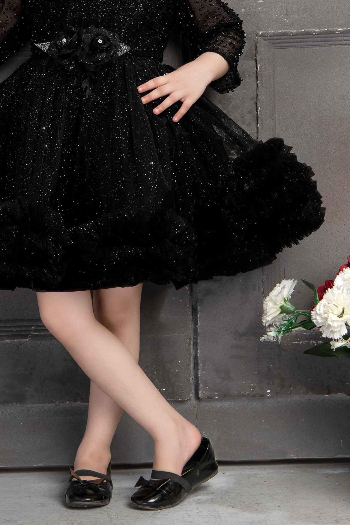 Sequin Black Net Ruffled Partywear Frock With Floral Embellishment For Girls - Lagorii Kids