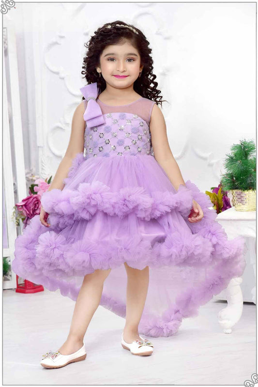 Sequin Lavender Ruffled Net Tailback Frock With Bow Embellishment For Girls - Lagorii Kids