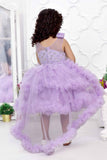 Sequin Lavender Ruffled Net Tailback Frock With Bow Embellishment For Girls - Lagorii Kids