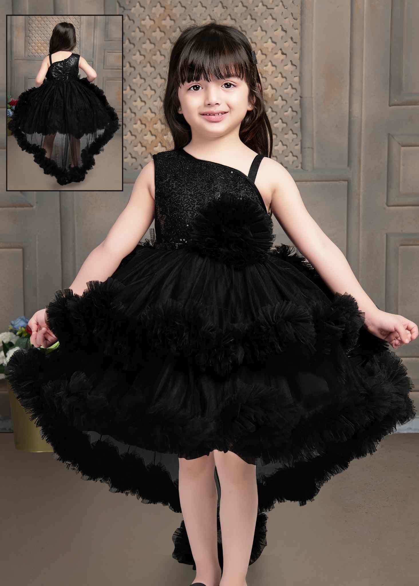 Shimmer Black Tailback Party Wear Frock With Flower Embellishment For Girls - Lagorii Kids