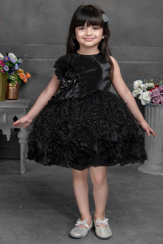 Shiny Sequin Black Net Partywear Frock With Floral Embellishment For Girls - Lagorii Kids
