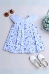 Sky Blue Cotton Floral Printed Frock With Bow Embellishment For Girls - Lagorii Kids