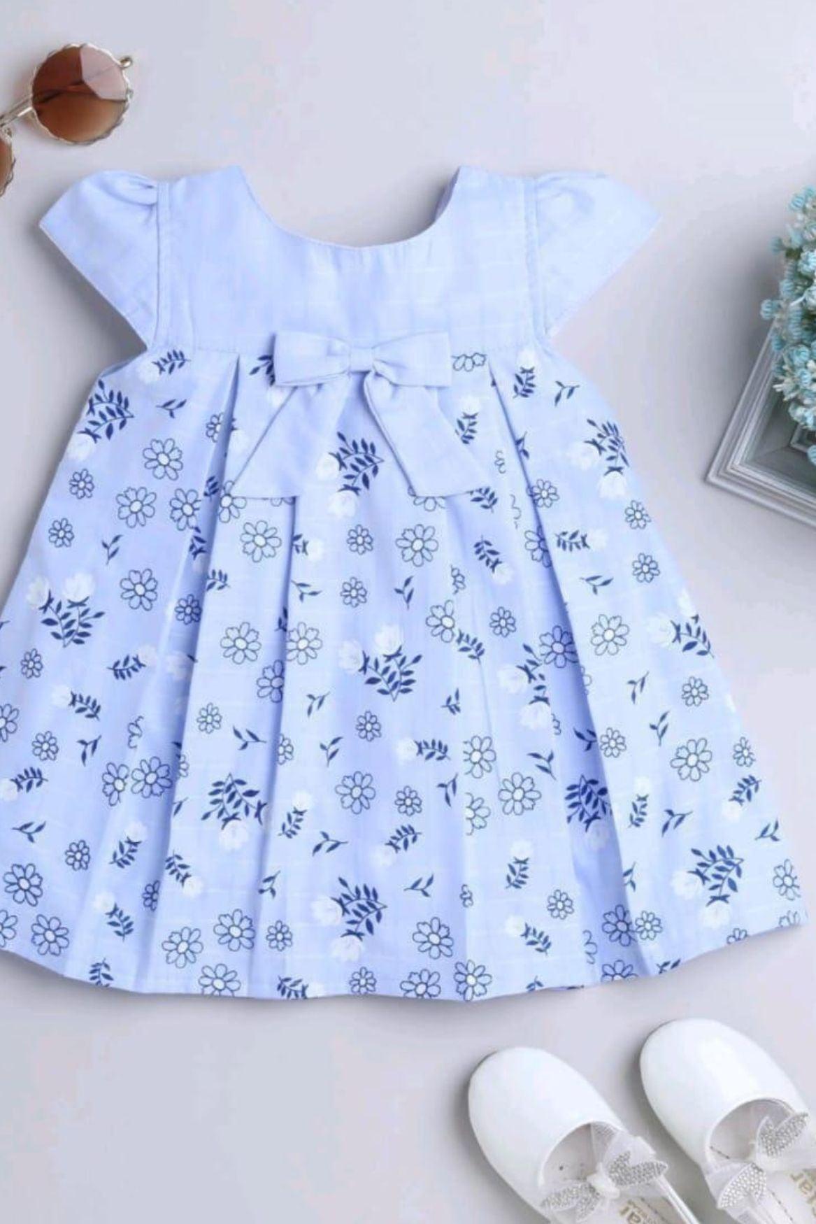 Sky Blue Cotton Floral Printed Frock With Bow Embellishment For Girls - Lagorii Kids