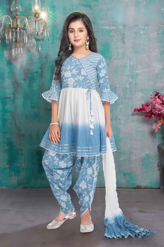 Sky Blue Embroidered Top With Dhoti Style Pant Set For Girls - Lagorii Kids