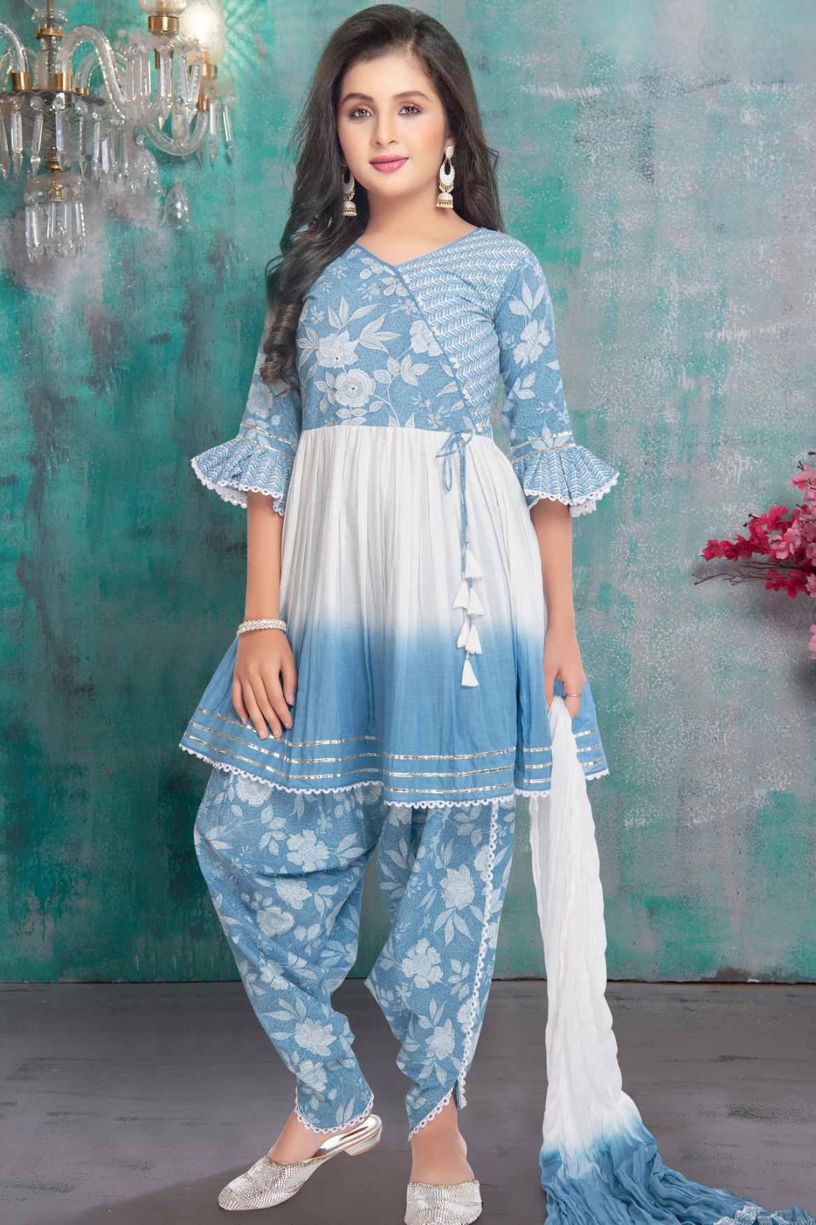 Sky Blue Embroidered Top With Dhoti Style Pant Set For Girls - Lagorii Kids