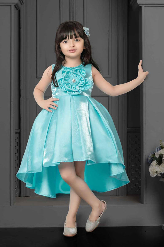 Sky Blue Satin High Low Frock With Flower Embellishment - Lagorii Kids