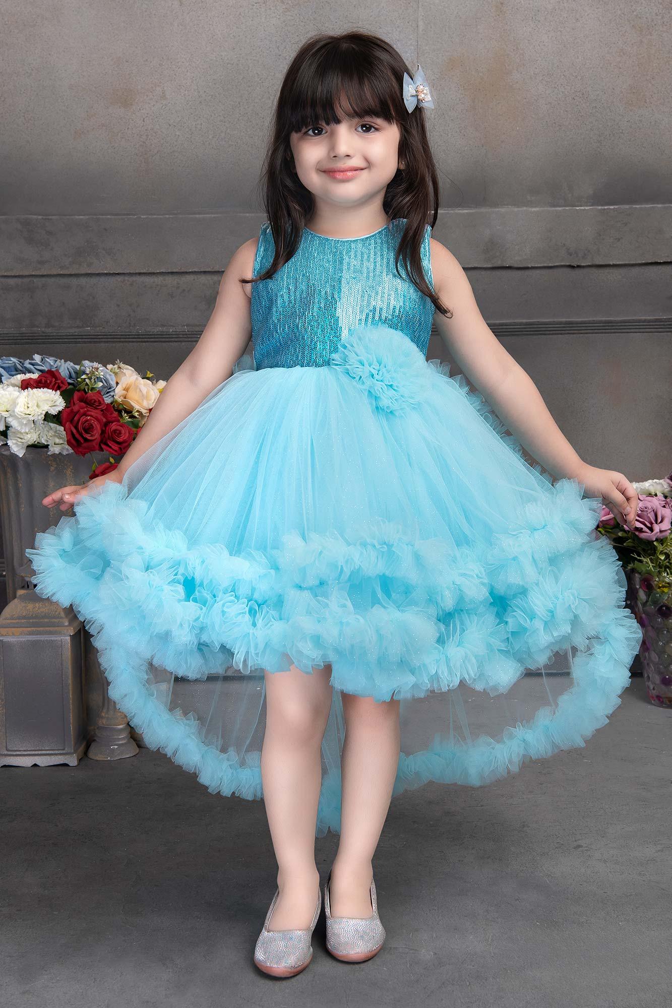 Sky Blue Sequin Tailback Frock - Lagorii Kids