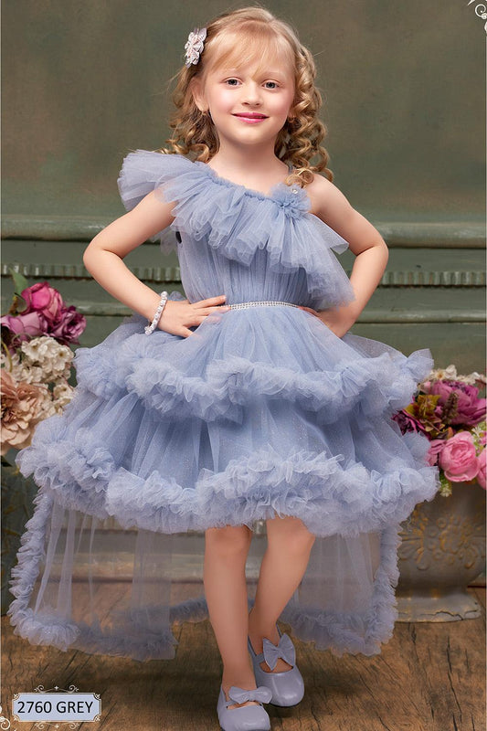 Slate Blue Ruffle Tailback Frock: Elegant Playfulness for Girls.6 - Lagorii Kids