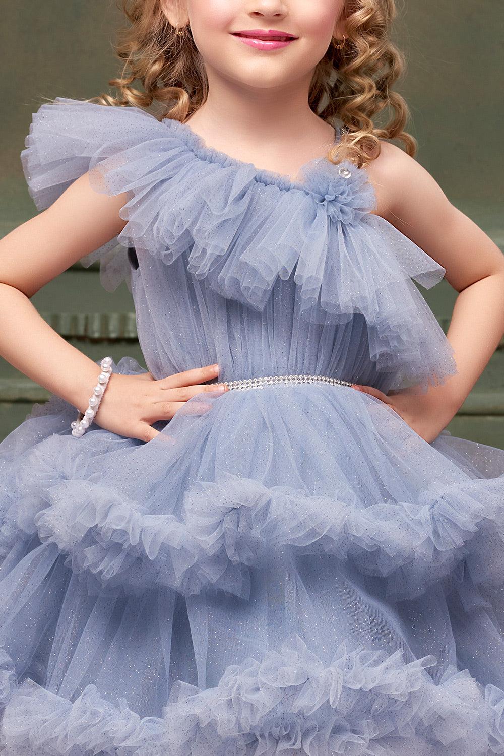 Slate Blue Ruffle Tailback Frock: Elegant Playfulness for Girls.6 - Lagorii Kids