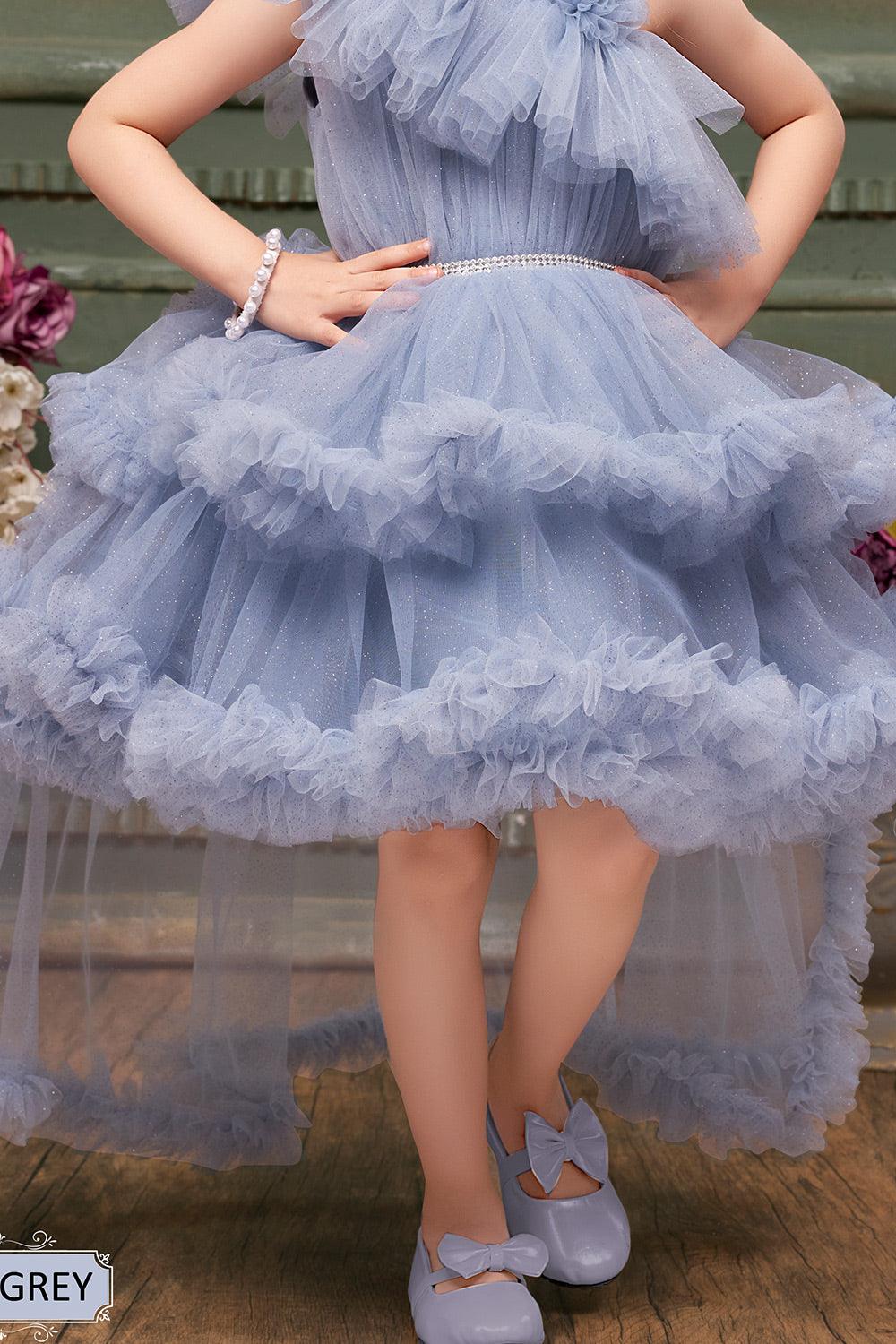 Slate Blue Ruffle Tailback Frock: Elegant Playfulness for Girls.6 - Lagorii Kids