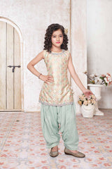 Sleeveless thread work short kurta with light blue patiala for girls - Lagorii Kids