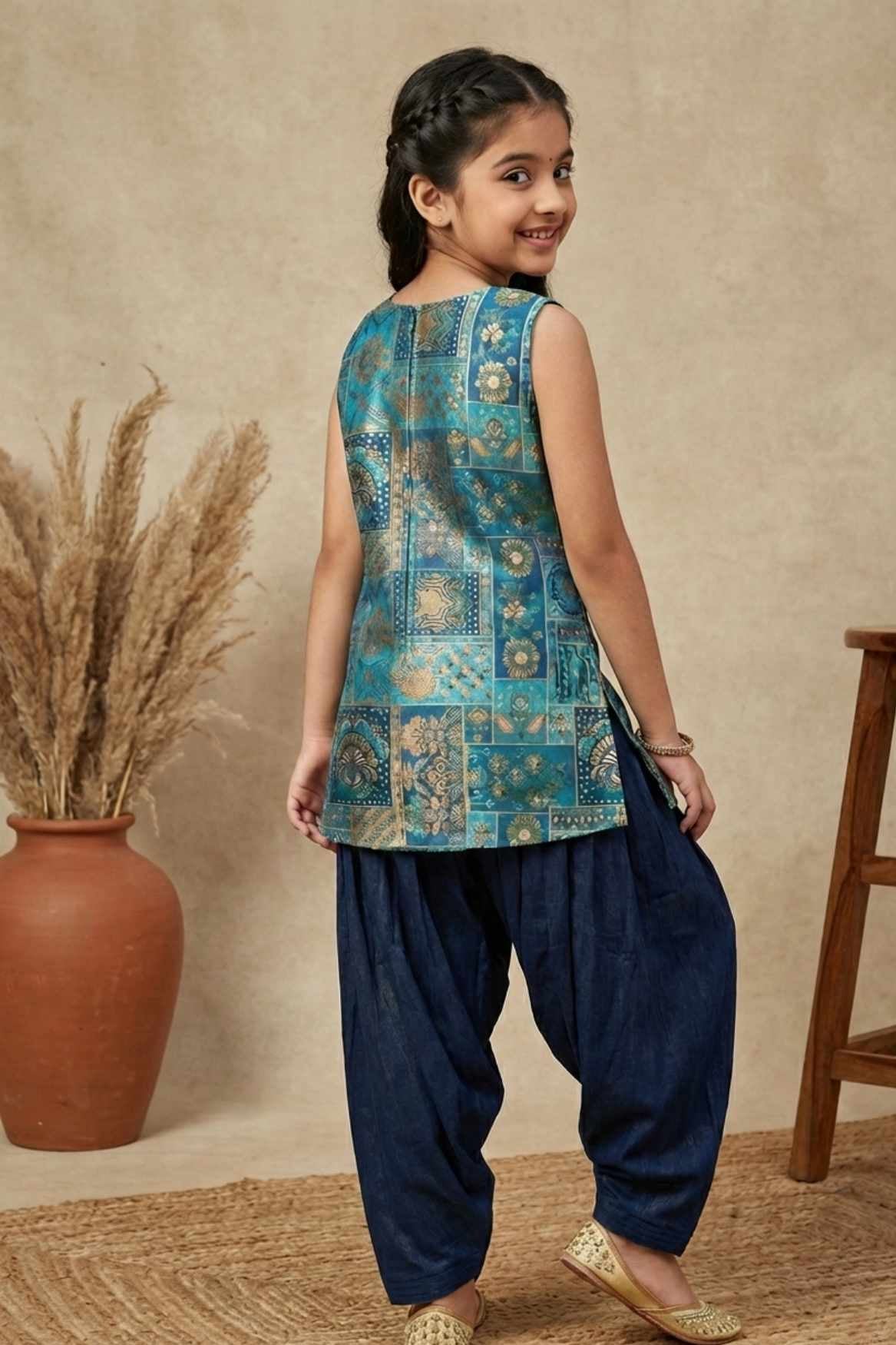 Teal Blue Brocade Kurta With Patiala Bottom For Girls