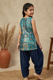 Teal Blue Brocade Kurta With Patiala Bottom For Girls