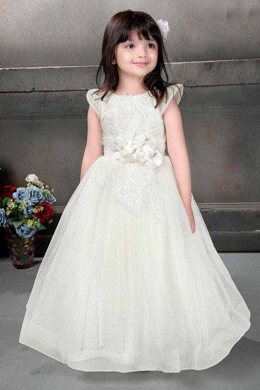 Snow white sequin gown with floral embellishments. - Lagorii Kids
