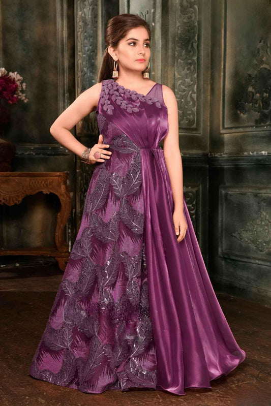 Stunning Purple Gown With Codding Work For Girls - Lagorii Kids
