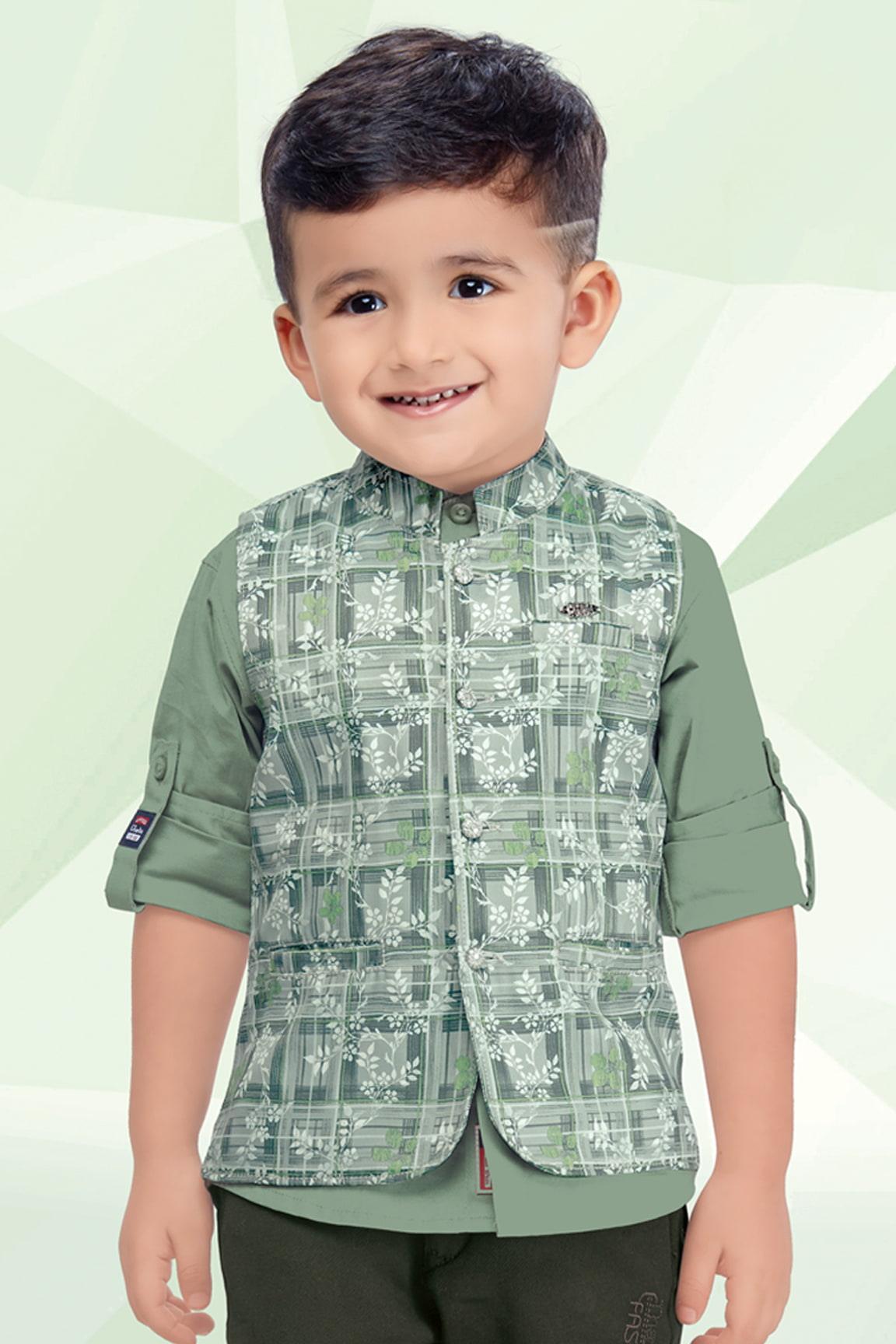 Stylish All Green Printed Waistcoat With Shirt And Pant Set For Boys - Lagorii Kids