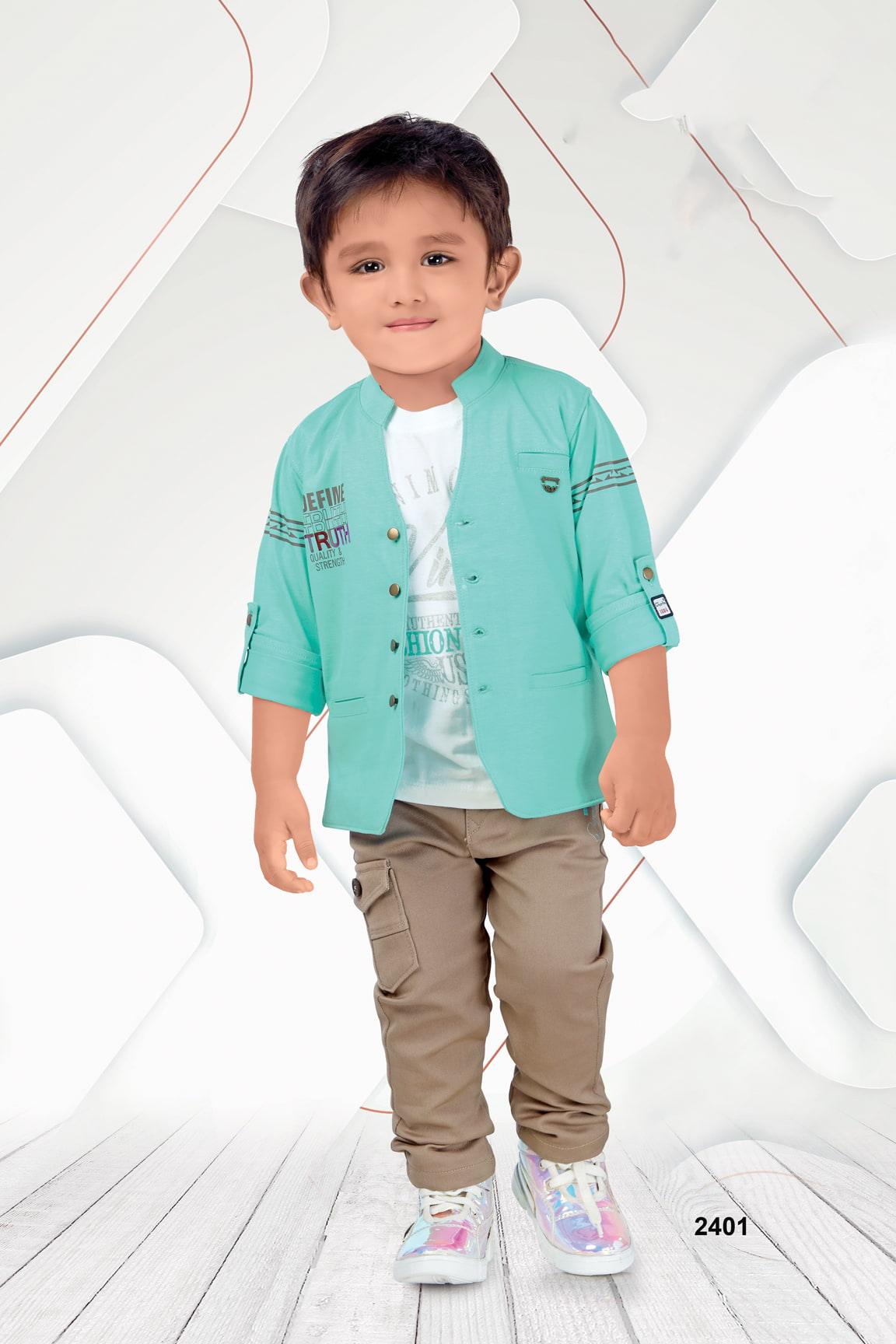Stylish Blue Blazer With Printed White T-shirt And Beige Jeans Pant Set For Boys - Lagorii Kids